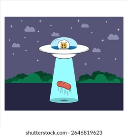 A strange cartoon illustration featuring a UFO piloted by an alien egg abducting a sausage in a nighttime forest. Vectordesign. EPS 10.