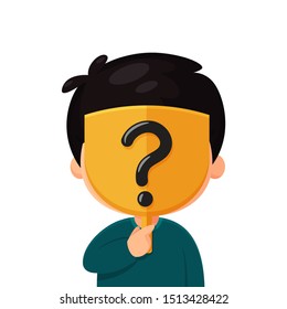 Strange cartoon wearing a mask with question marks covering the real face. The idea of ​​a stranger on social media.