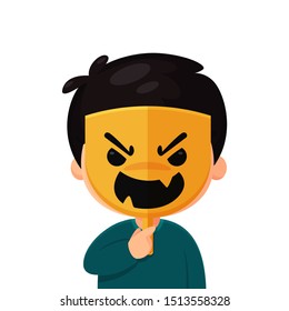 Strange cartoon wearing a mask with question marks covering the real face The idea of ​​a stranger on social media.