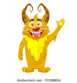 Strange cat monster with horns, say hello, vector illustration isolated on white background