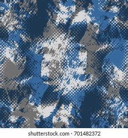 Strange chaotic background with spots and smears. Abstract seamless texture. Black, white and blue colors. A little bit visible silhouette of the flower.