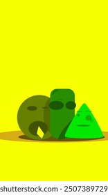 strange character shapes on a yellow background