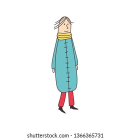 A strange comic character in a blue coat is isolated on a white background. Cartoon vector illustration