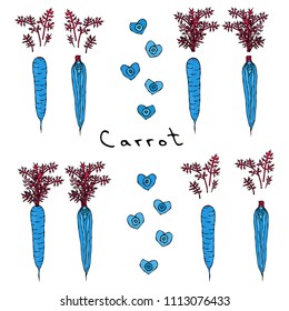 Strange Crazy Blue Carrots. Realistic Hand Drawn Illustration. Savoyar Doodle Style.