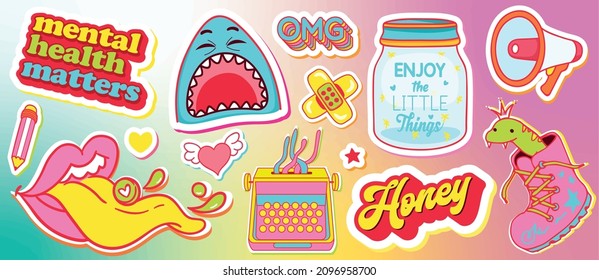 Strange, crazy set, collection of vector, bright, youth stickers with cartoon character of shark, open mouth with tongue sticking out, drooling, mouthpiece, typewriter, weird snake with crown in boot.