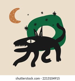 Extraña criatura. Abstracciones y un monstruo imaginario. Un animal ficticio y fantasioso. Ilustración única de ambos estilos. Perfecto para la plantilla de póster o postal, diseño de camisetas de moda.