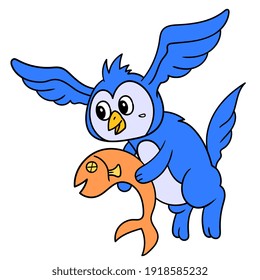 a strange creature in the body of a cat with the head of an owl with wings that flies carrying fish, doodle draw kawaii. vector illustration art