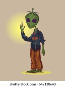 A strange creature with the head in the form of green strawberries and with compound eyes is. He is dressed in a denim shirt and brown pants in an Indian style. He raised his hand, around her glow.