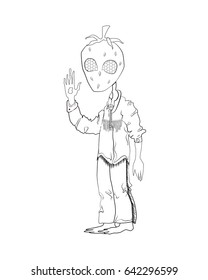 A strange creature with head in the form of strawberries and with compound eyes is. He is dressed in a denim shirt and brown pants in an Indian style. He raised his hand. White and black illustration