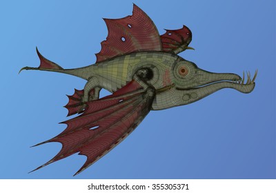 Strange creature resembling a flying fish with huge fangs. Conceptual vector illustration