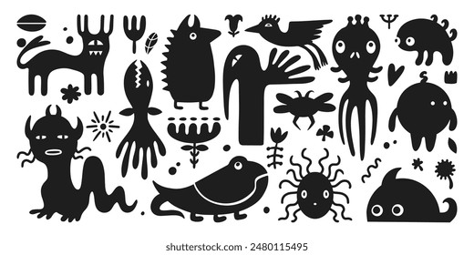 Strange creatures. Fictional monsters imaginary plants and animals. Hand drawn doodle nature abstract elements, black characters neoteric vector set