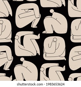 Strange creatures or people or persons with long arms and small heads. Cute disproportionate characters. Hand drawn Vector illustration. Square seamless Pattern. Background, wallpaper