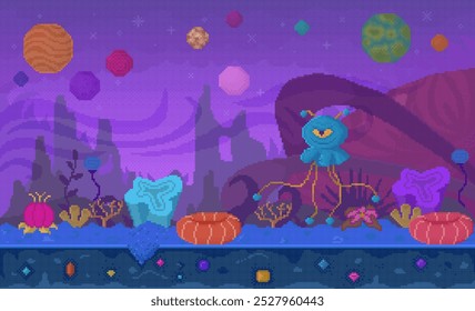 Strange creatures and plants in a colorful alien landscape. Planets and stars set against a surreal, vibrant sky. Ideal for fantasy, science fiction, gaming, childrens illustrations, and