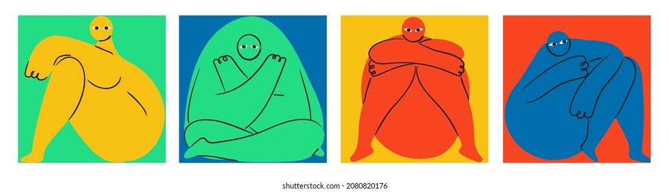 Strange creatures vector set in boho, geometric style in squar for social net. Characters are likley woman, that sit, sad, angry, calm, be scaried, making poses.