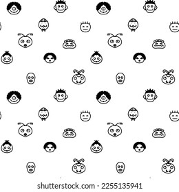 Strange, creepy faces, masks, people and insects. Seamless vector pattern.