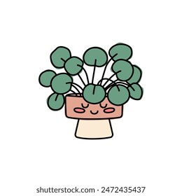 Strange cute kawaii indoor potted flower. Funny childish Muzzle. Hand drawn vector illustration.