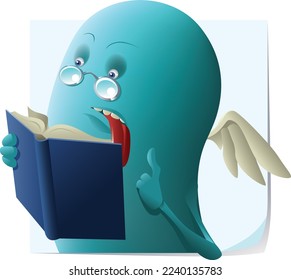 strange cyan creature reading a book