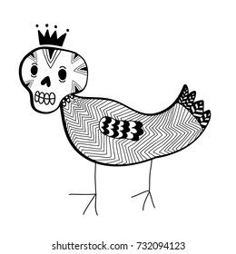 Strange doodle monster. Bird with skull heads. Creative vector illustration.
