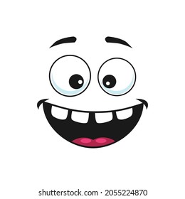 Strange emoji with broad smile, crazy idiot isolated icon. Vector cheerful person social network emoticon with facial expression of happiness, joy and gladness. Stupid emoji with rare teeth in mouth