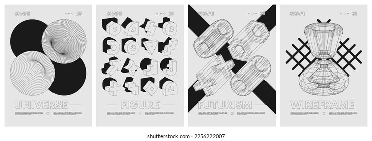 Strange extraordinary graphic assets wireframes of geometrical shapes and black geometric figures, Anti-design element vector set posters inspired by brutalism, contemporary artwork