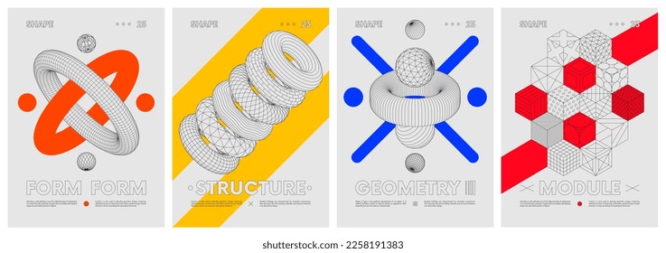 Strange extraordinary graphic assets wireframes of geometrical shapes, Anti-design minimalistic hipster colored digital collage, vector set posters inspired by brutalism, contemporary artwork