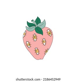 Strange Eyed Strawberry vector illustration isolated on white. Hippie Groovy Halloween berry print for T-shirt design.