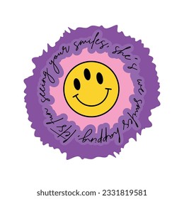 strange face with three eyes on a yellow and multicolored background, psychedelic and happy, vector t-shirt fashion design