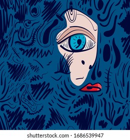 Strange faces on the seamless pattern.