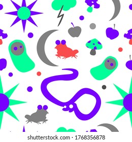 Un extraño patrón mágico sin fisuras con ranas y serpientes. alucinaciones coloreadas a mano 
ocultismo y 
divinidad