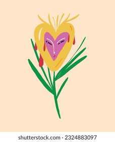 A strange fairy-tale pink flower with an indignant face. Vector illustration