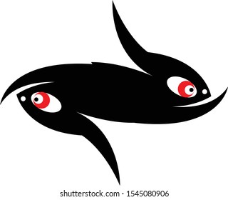 Strange fish cartoon. Black silhouette. Vector drawing. Isolated object on a white background.