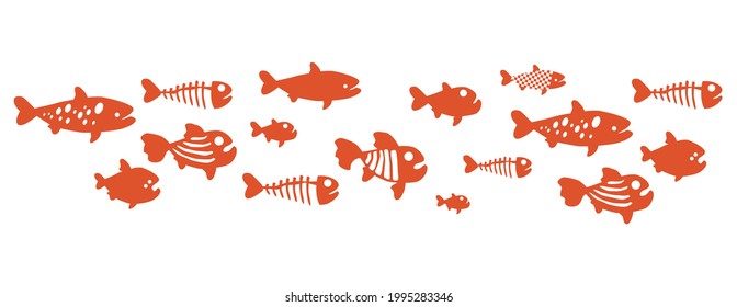 Strange fish. A flock of various swimming fish. Vector image for prints, poster and illustrations.