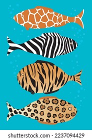 Strange fish. Fish with zebra, tiger, giraffe and jaguar design.