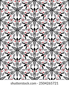 Strange Flowers (White, Black, Gray, Red) - Seamless Pattern - Repeating Vector Image; Easily Editable; Endless Design; Colorful lIlustration