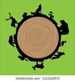 Strange forest. The world of animals. An unusual illustration of the silhouette of forest animals in a circle. A circle denoting a stump, a tree. An interesting graphic solution. Vector. 