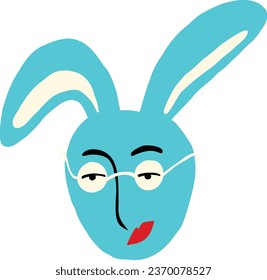 Strange funny blue bunny in glasses. Modern hand drawn cartoon illustration of bird in doodle style