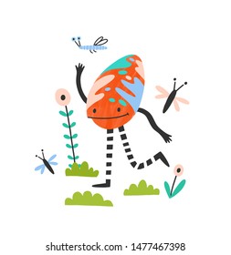 Strange funny egg-shaped monster, alien or extraterrestrial. Amusing joyful fairytale magical creature. Fantastic cartoon character isolated on white background. Colorful childish vector illustration.