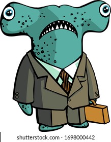 Strange, funny monster hammerhead shark. Cartoon character.