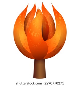 A strange futuristic abstraction in the form of a flaming autumn tree with a beautiful crown in the style of games, for the design of futuristic parks, landscapes, postcards