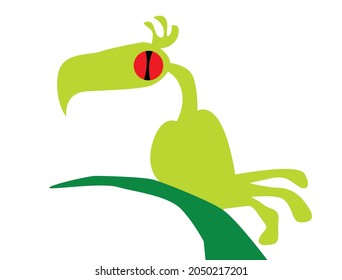 Strange green bird sitting on a branch. Vector image for prints, poster and illustrations.