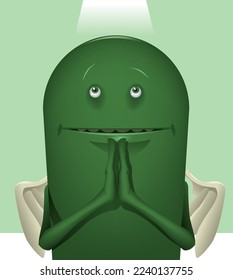 strange green creature with praying hands