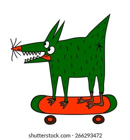 Strange green dog riding a skateboard
