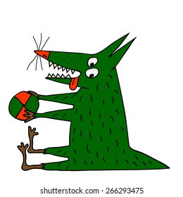 Strange green dog sitting and playing with a ball