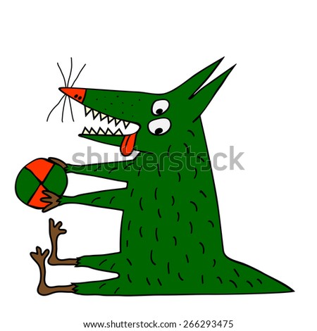Strange green dog sitting and playing with a ball