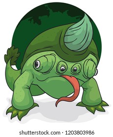 Strange green mutant like chameleon with only head for body, two legs, four eyes with stereoscopic vision, a long tongue, giant horn and a long tail.