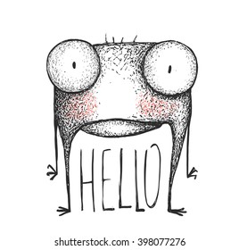 Strange hand drawn creature greeting. Mutant cartoon creature, character funny comic design, vector illustration