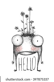 Strange hand drawn monster with flowers greeting card. Mutant cartoon creature, character funny comic design, vector illustration