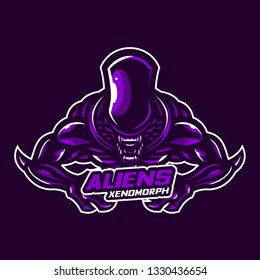 Strange head aliens have very large hand muscles showing their strength in purple - All elements on this template are editable with vector software