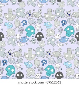 Strange human, cyclops and ape cartoon skulls in seamless background pattern