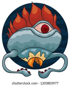 Strange hungry mutant creature like a cuttlefish, with tentacles and two denticulated suckers eating with its sharp beak, watching you with its one eye.